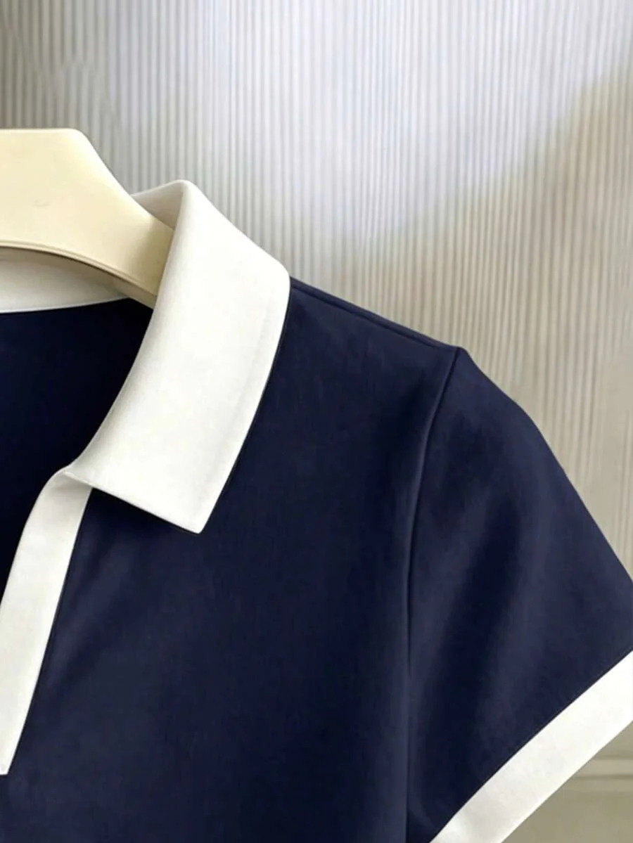 Women's Solid Color Polo Collar Fitted Short Sleeve T-Shirt - Image 27