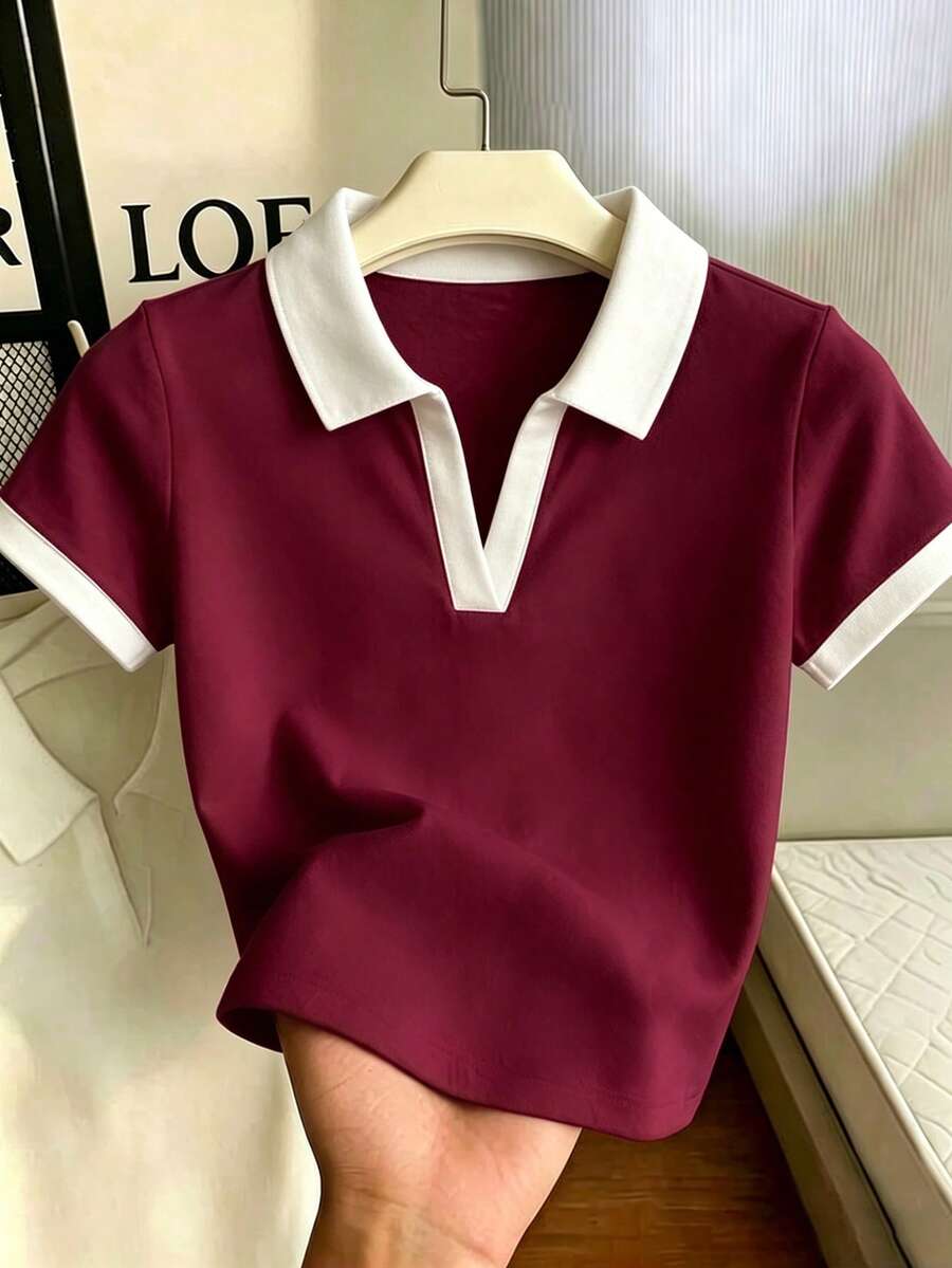 Women's Solid Color Polo Collar Fitted Short Sleeve T-Shirt - Image 28