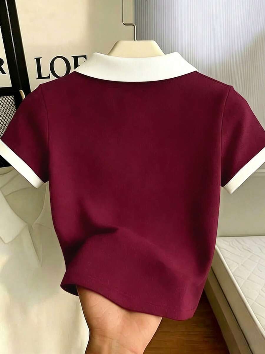 Women's Solid Color Polo Collar Fitted Short Sleeve T-Shirt - Image 29