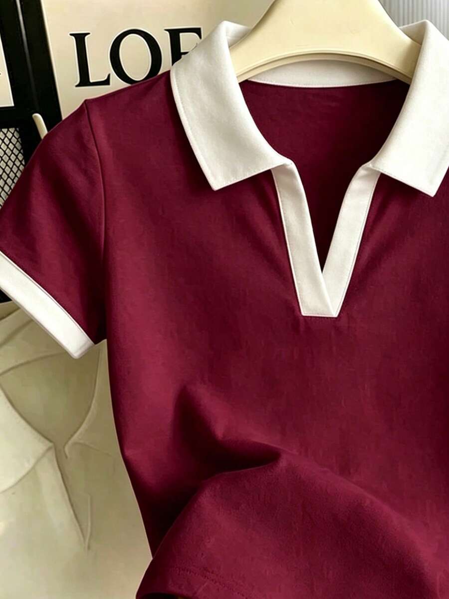 Women's Solid Color Polo Collar Fitted Short Sleeve T-Shirt - Image 30