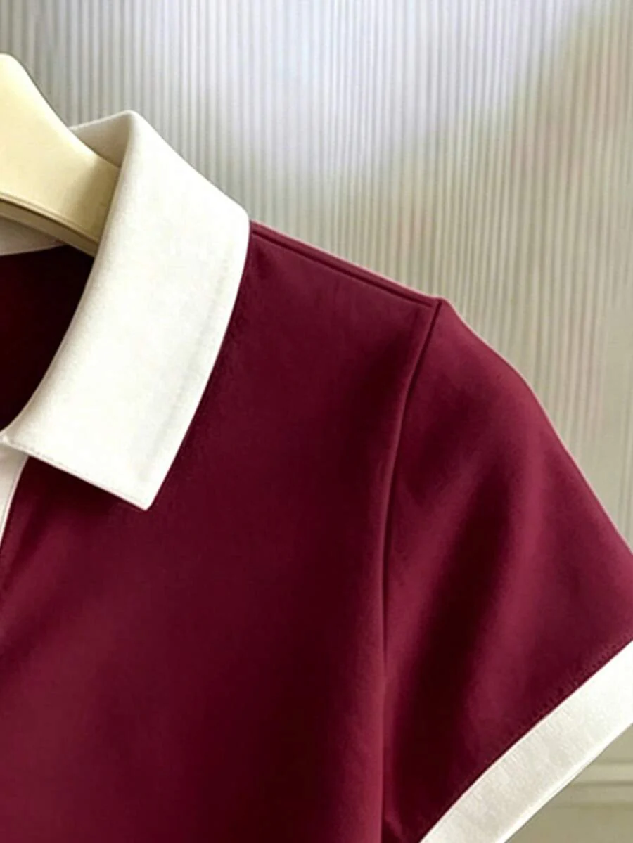 Women's Solid Color Polo Collar Fitted Short Sleeve T-Shirt - Image 31