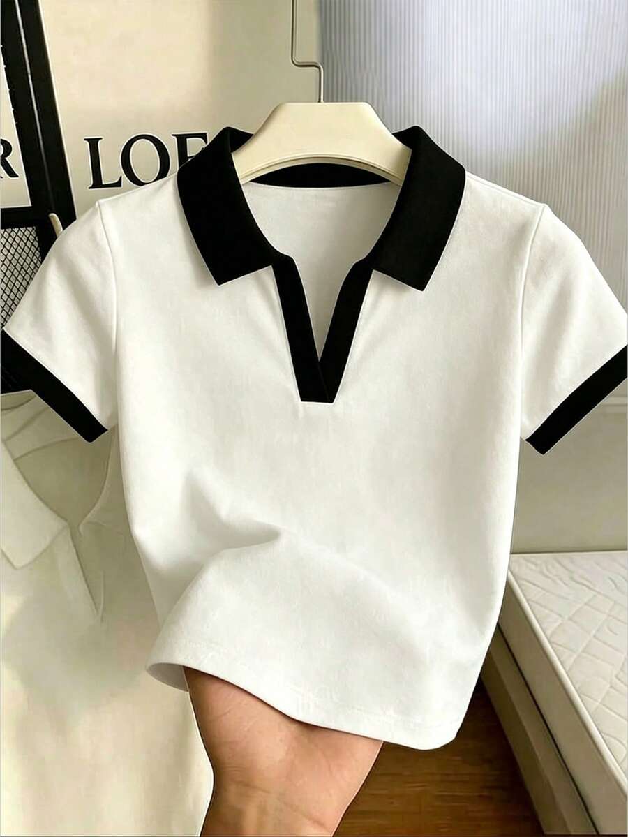 Women's Solid Color Polo Collar Fitted Short Sleeve T-Shirt - Image 33
