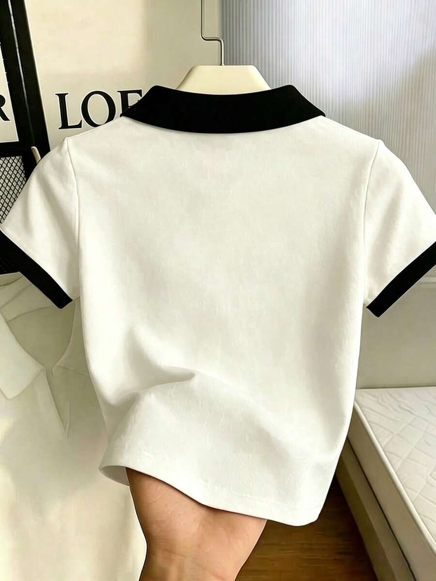 Women's Solid Color Polo Collar Fitted Short Sleeve T-Shirt - Image 34