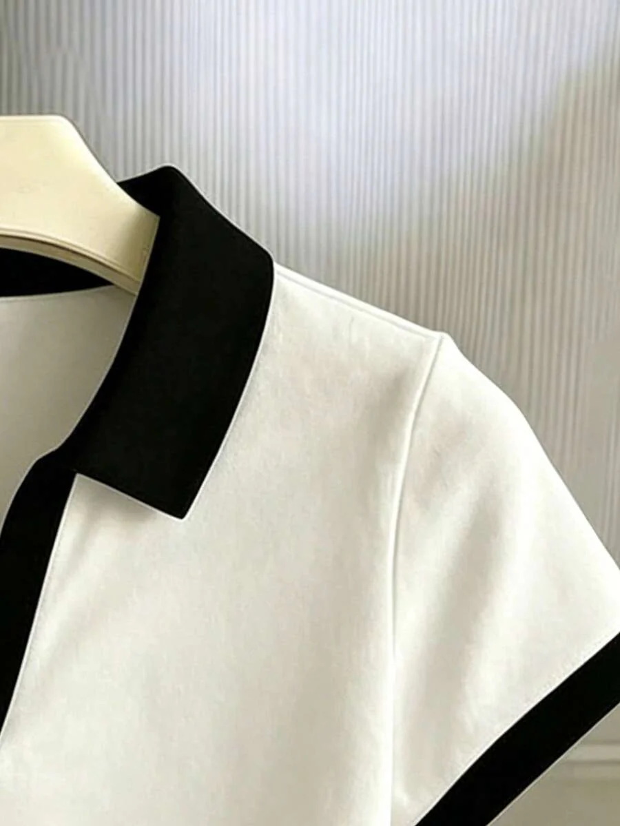 Women's Solid Color Polo Collar Fitted Short Sleeve T-Shirt - Image 35