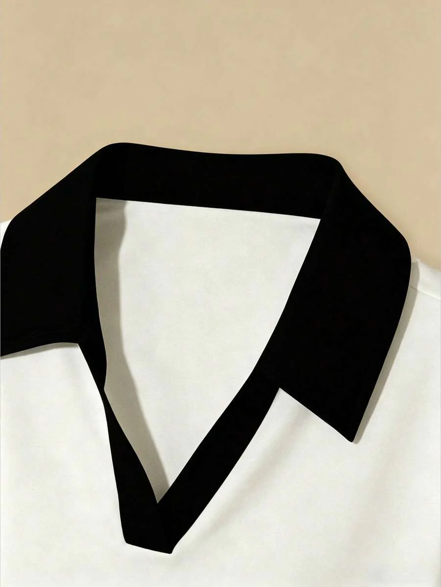 Women's Solid Color Polo Collar Fitted Short Sleeve T-Shirt - Image 36