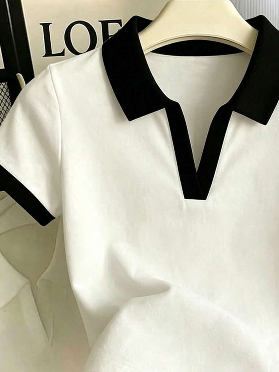 Women's Solid Color Polo Collar Fitted Short Sleeve T-Shirt - Image 37
