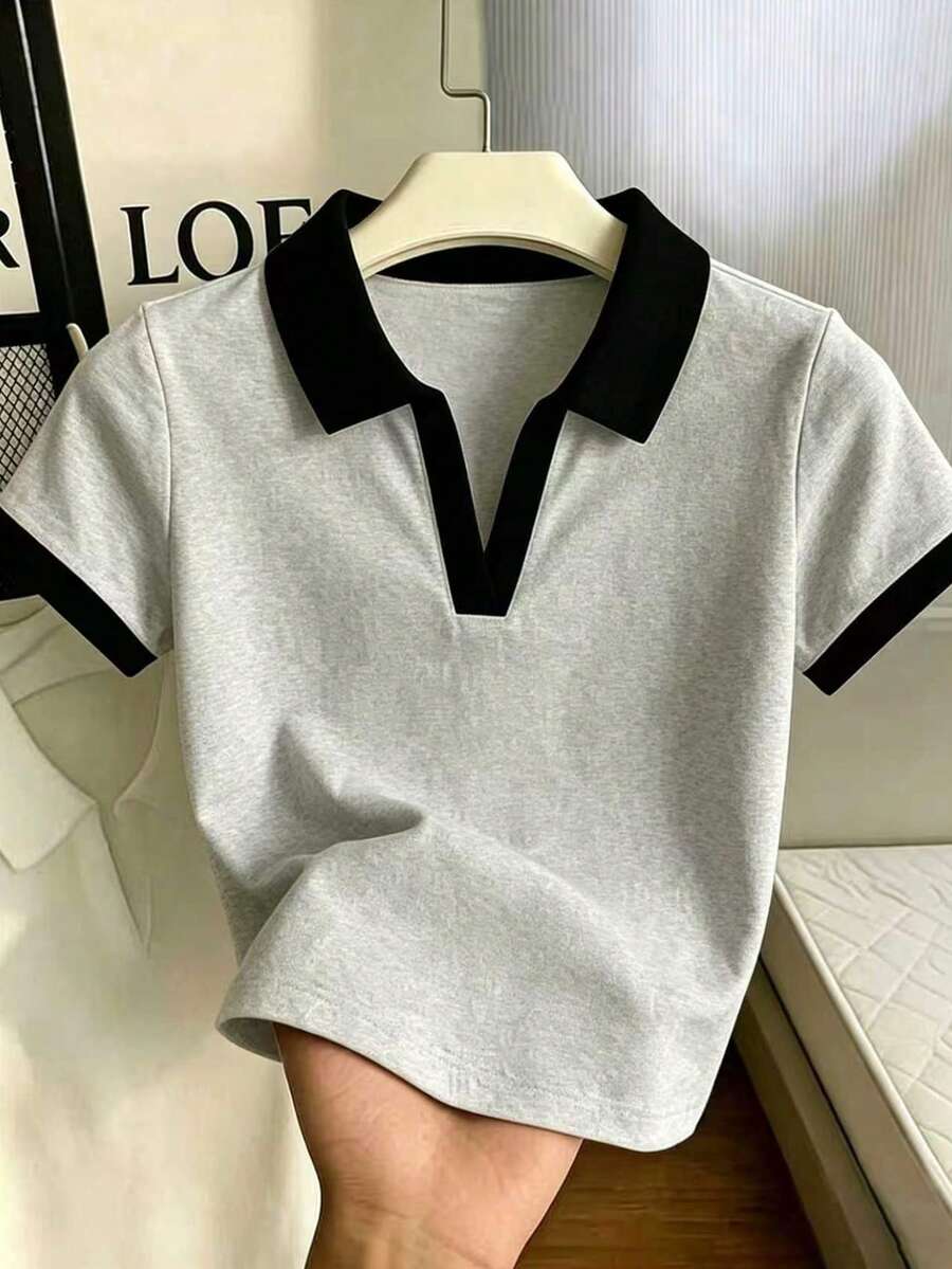 Women's Solid Color Polo Collar Fitted Short Sleeve T-Shirt - Image 38