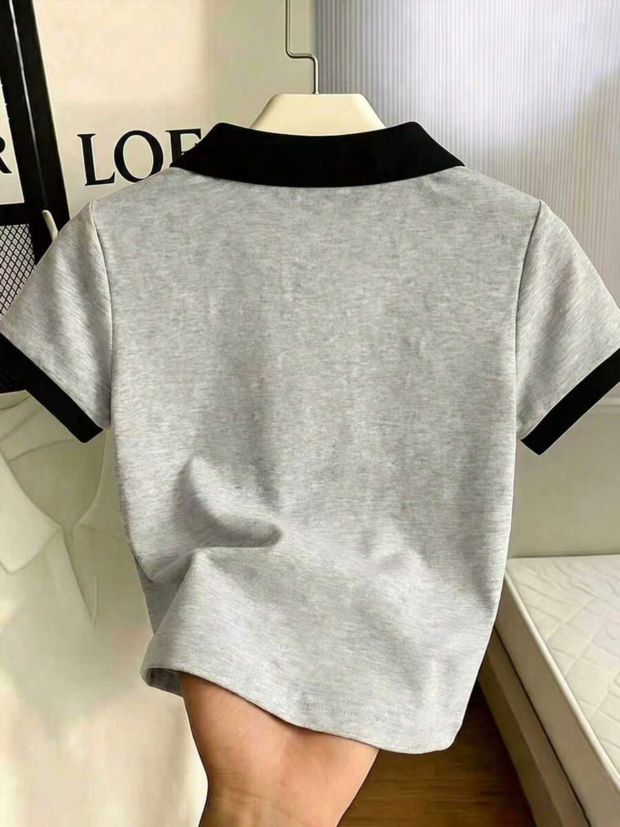 Women's Solid Color Polo Collar Fitted Short Sleeve T-Shirt - Image 39