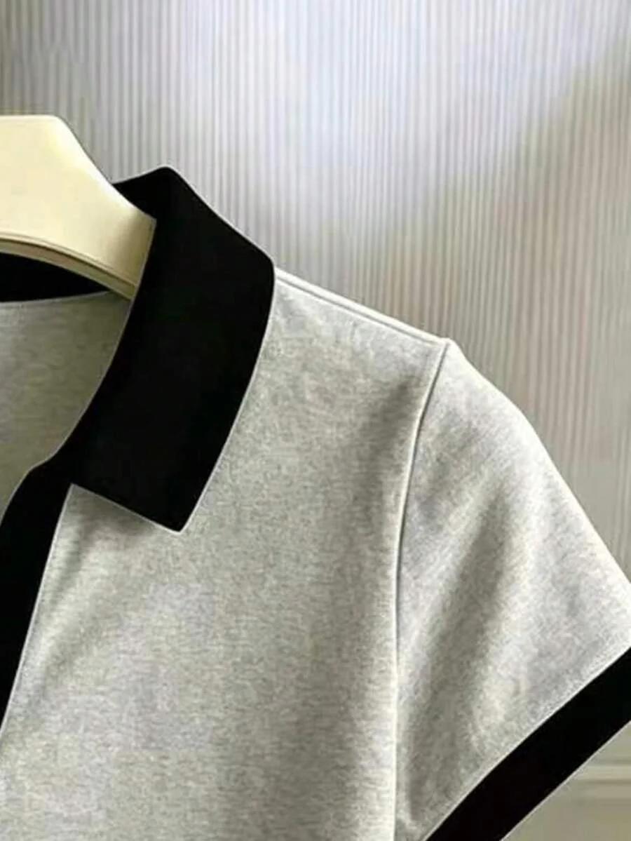 Women's Solid Color Polo Collar Fitted Short Sleeve T-Shirt - Image 40