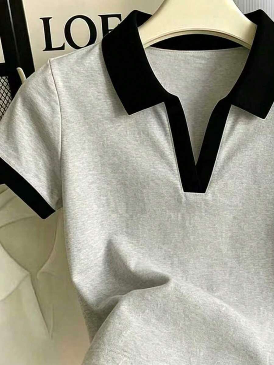 Women's Solid Color Polo Collar Fitted Short Sleeve T-Shirt - Image 41