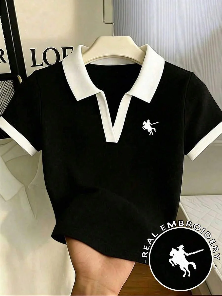 Women's Solid Color Polo Collar Fitted Short Sleeve T-Shirt - Image 43