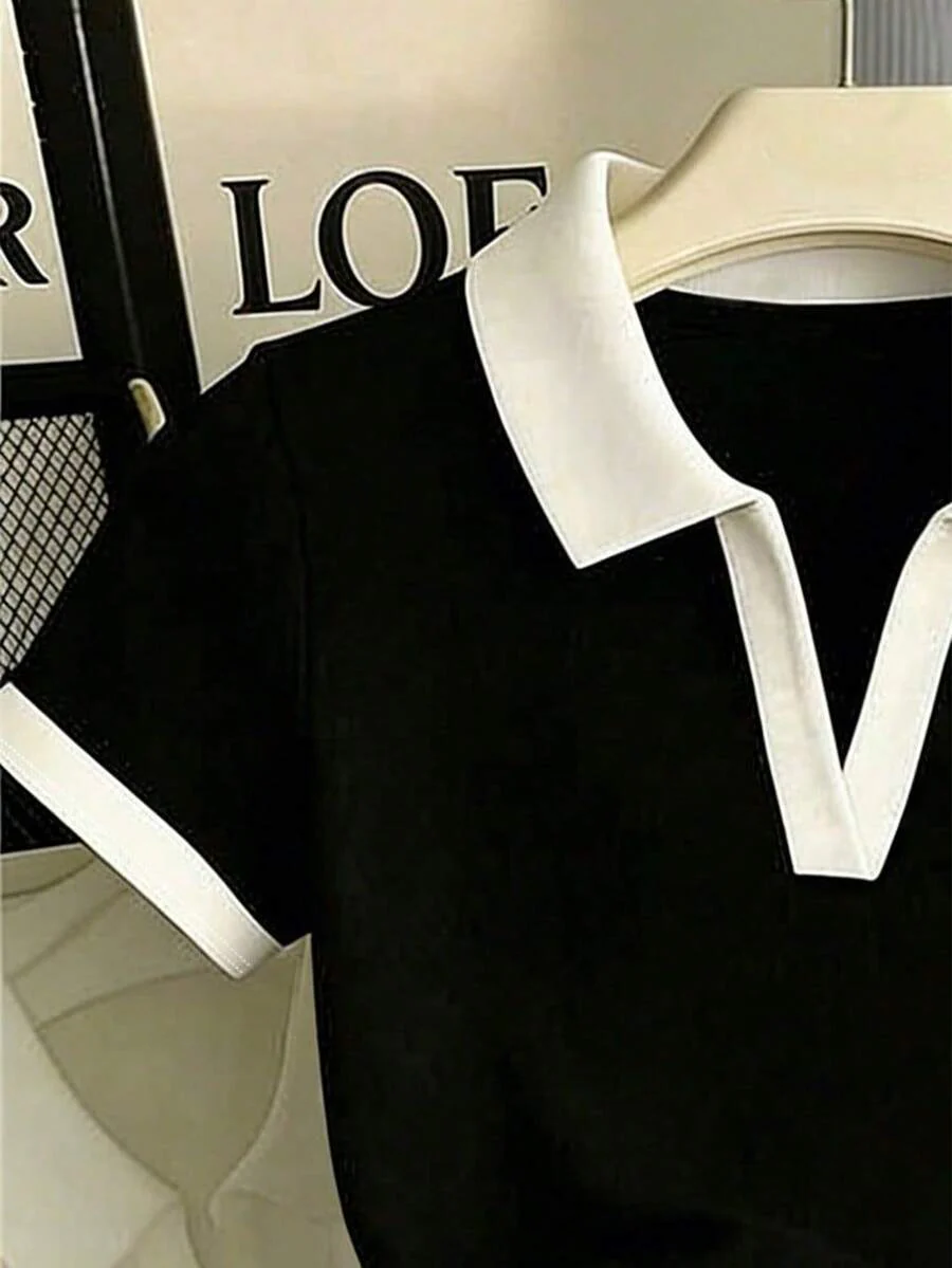 Women's Solid Color Polo Collar Fitted Short Sleeve T-Shirt - Image 45