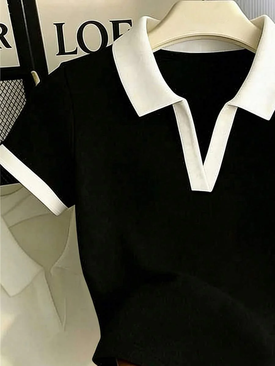 Women's Solid Color Polo Collar Fitted Short Sleeve T-Shirt - Image 5