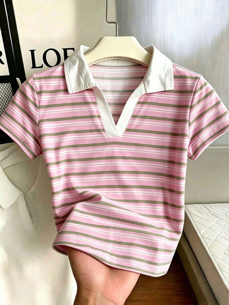 Women's Solid Color Polo Collar Fitted Short Sleeve T-Shirt - Image 6