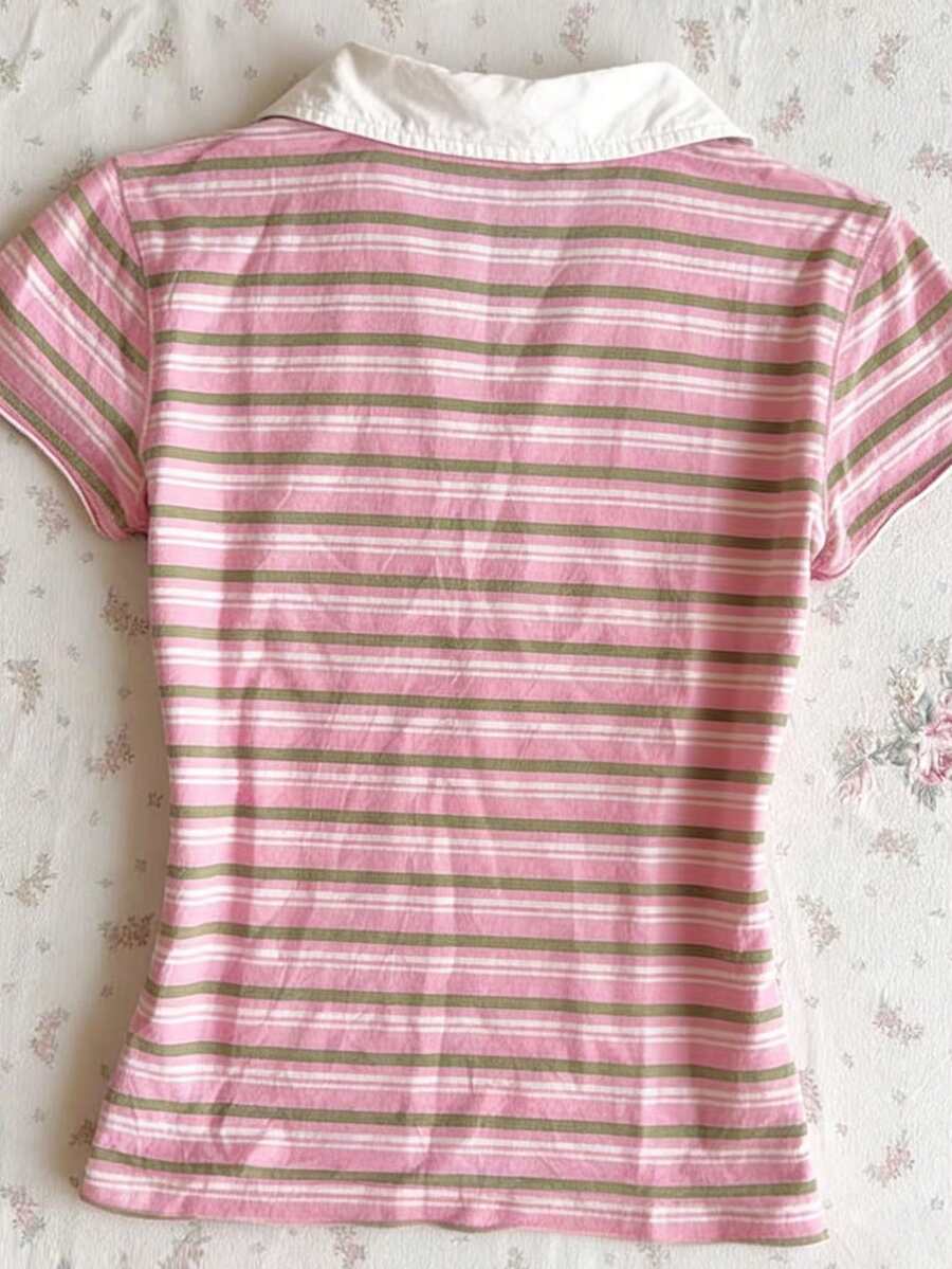 Women's Solid Color Polo Collar Fitted Short Sleeve T-Shirt - Image 7