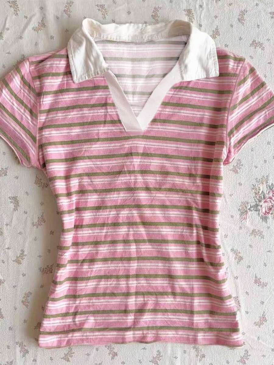 Women's Solid Color Polo Collar Fitted Short Sleeve T-Shirt - Image 8