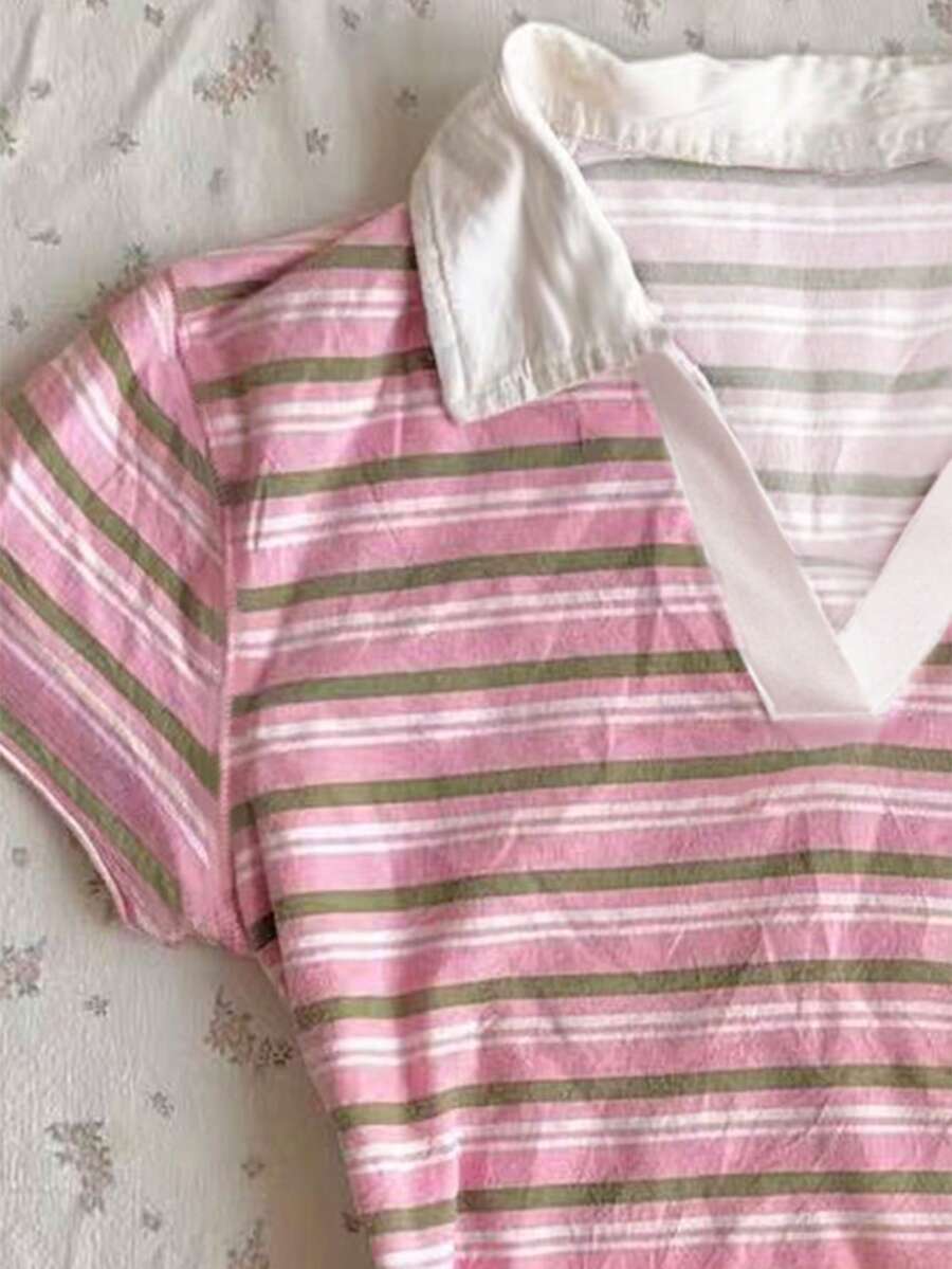 Women's Solid Color Polo Collar Fitted Short Sleeve T-Shirt - Image 9
