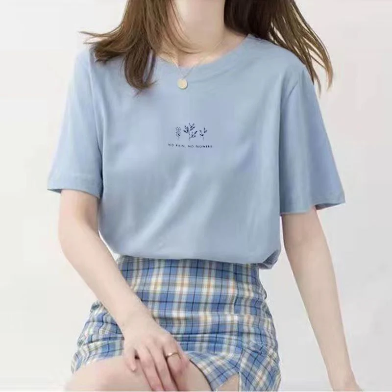 Short-sleeved Korean round neck T-shirt for women in summer with loose plant print casual solid color fire student half-sleeved top - Image 10