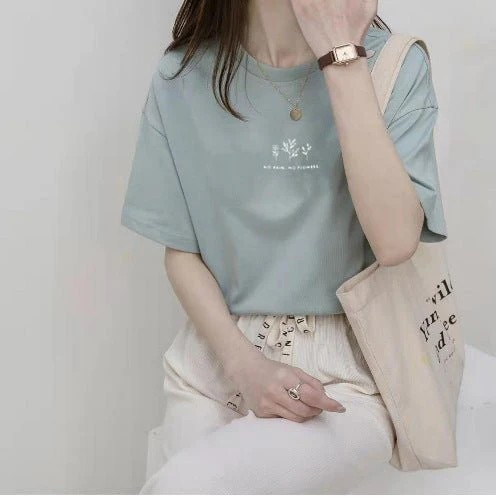 Short-sleeved Korean round neck T-shirt for women in summer with loose plant print casual solid color fire student half-sleeved top - Image 12