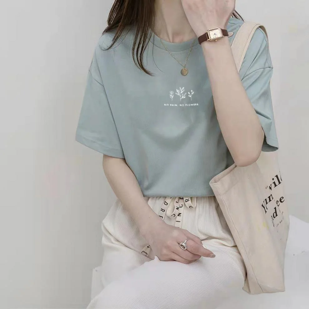 Short-sleeved Korean round neck T-shirt for women in summer with loose plant print casual solid color fire student half-sleeved top - Image 14