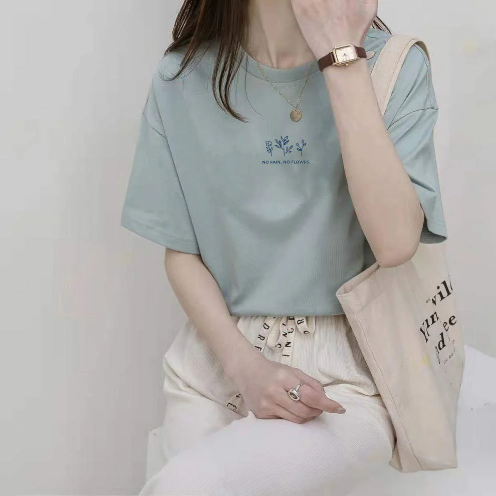 Short-sleeved Korean round neck T-shirt for women in summer with loose plant print casual solid color fire student half-sleeved top - Image 18