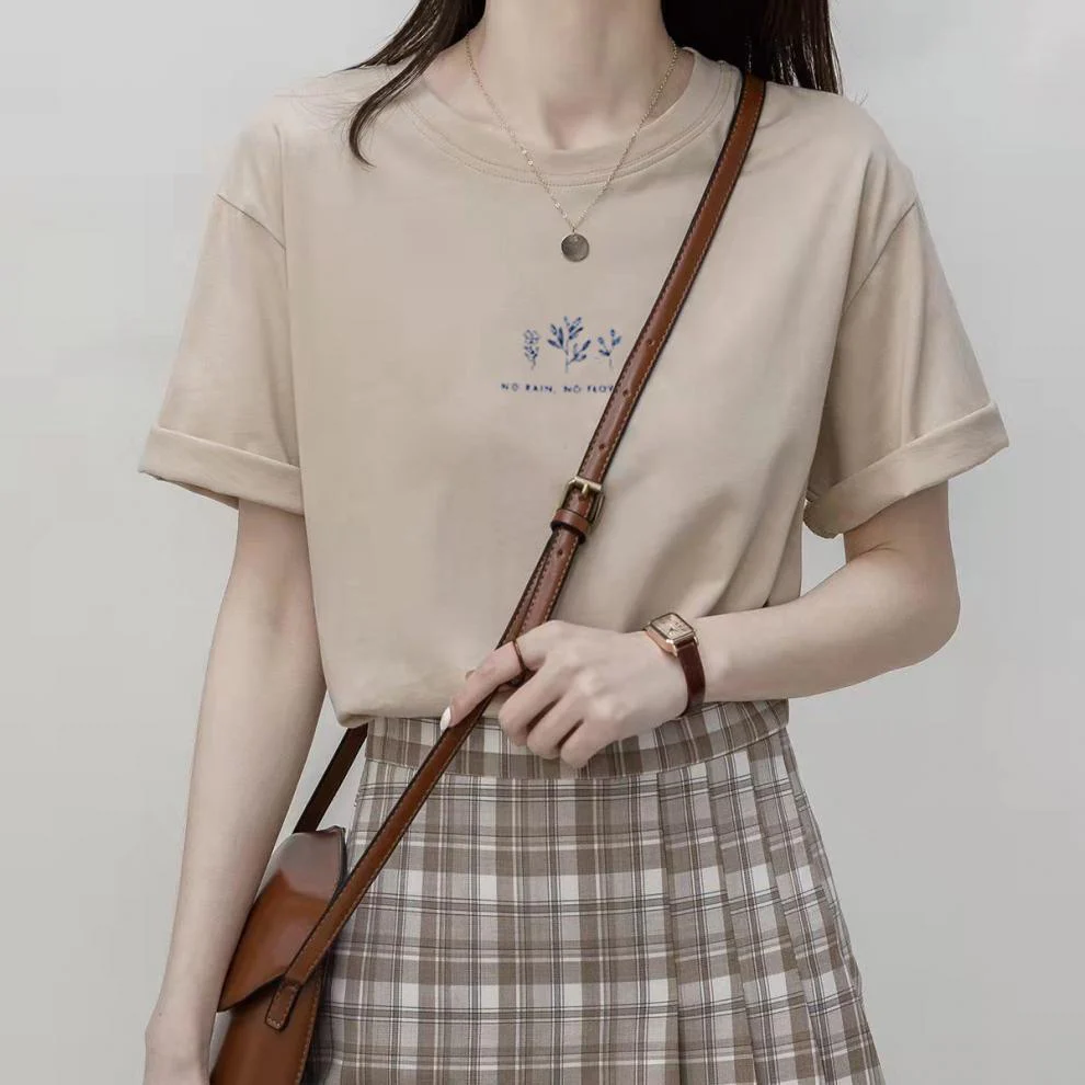 Short-sleeved Korean round neck T-shirt for women in summer with loose plant print casual solid color fire student half-sleeved top - Image 2