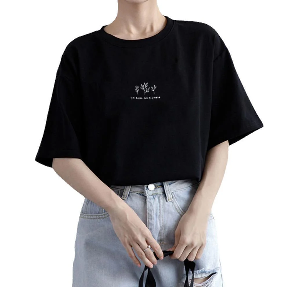 Short-sleeved Korean round neck T-shirt for women in summer with loose plant print casual solid color fire student half-sleeved top - Image 5