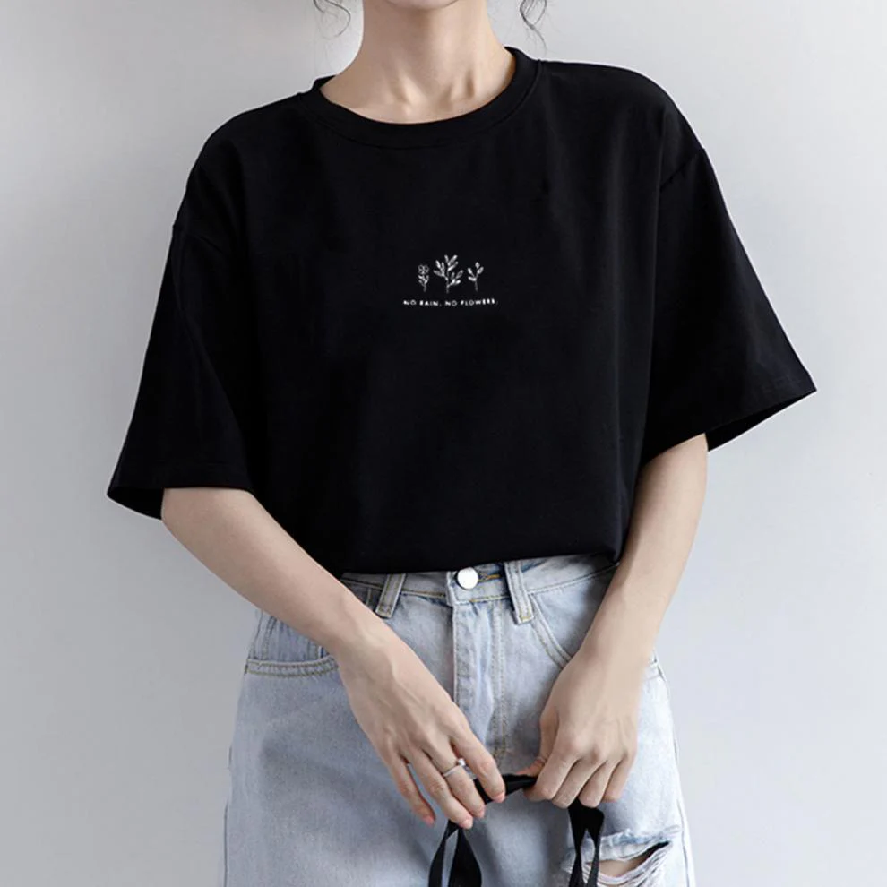 Short-sleeved Korean round neck T-shirt for women in summer with loose plant print casual solid color fire student half-sleeved top - Image 6
