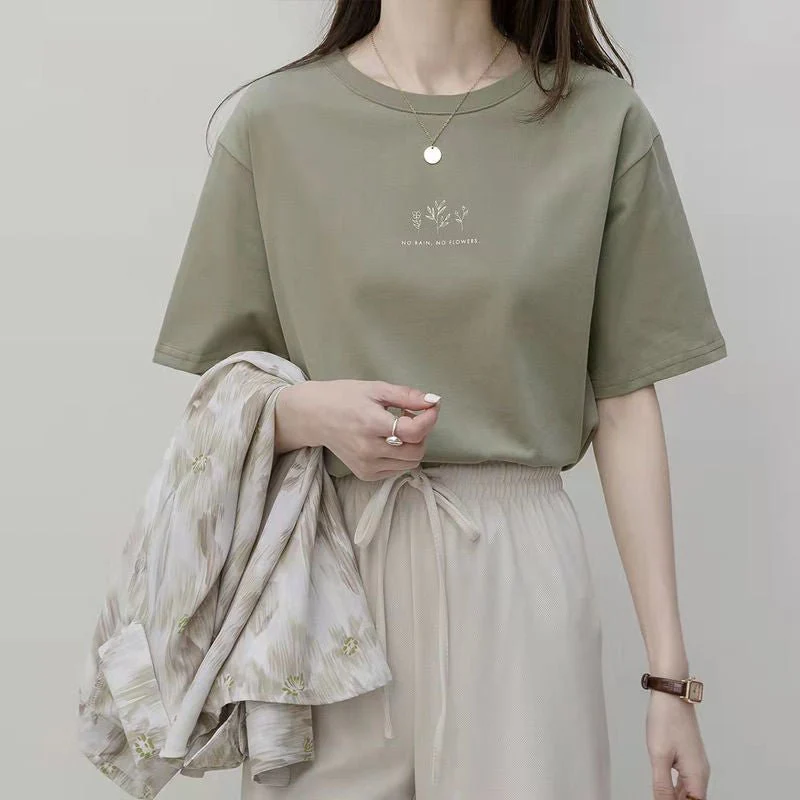 Short-sleeved Korean round neck T-shirt for women in summer with loose plant print casual solid color fire student half-sleeved top - Image 8