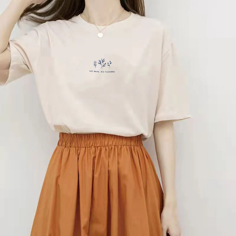 Short-sleeved Korean round neck T-shirt for women in summer with loose plant print casual solid color fire student half-sleeved top - Image 9