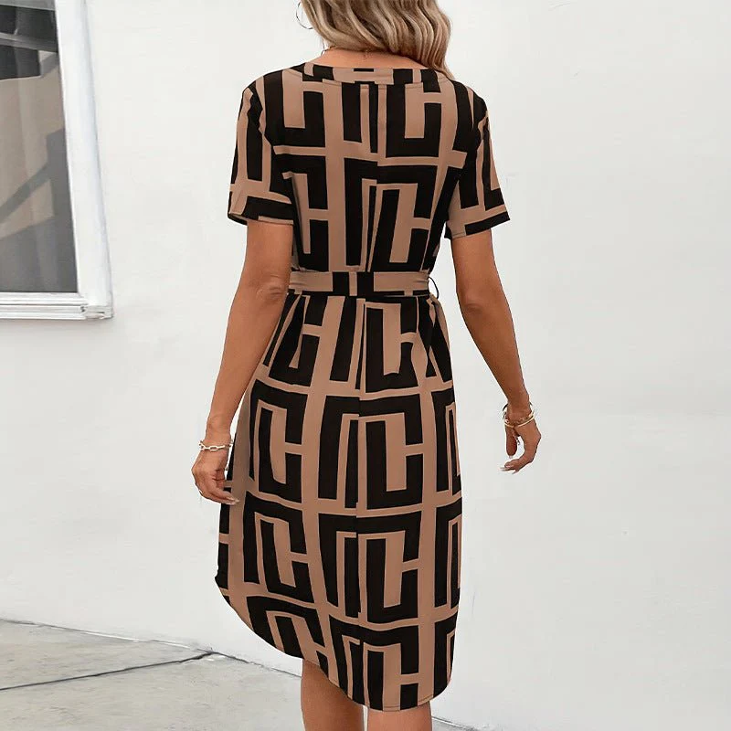 Short-sleeved plaid dress summer vacation small pendulum belt V-neck A-line medium dress FD - Image 2