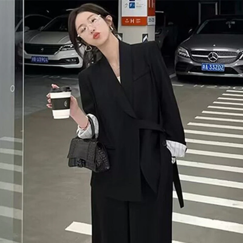 Side Tie Casual Suit Set with Wide Leg Pants For Women - Image 2