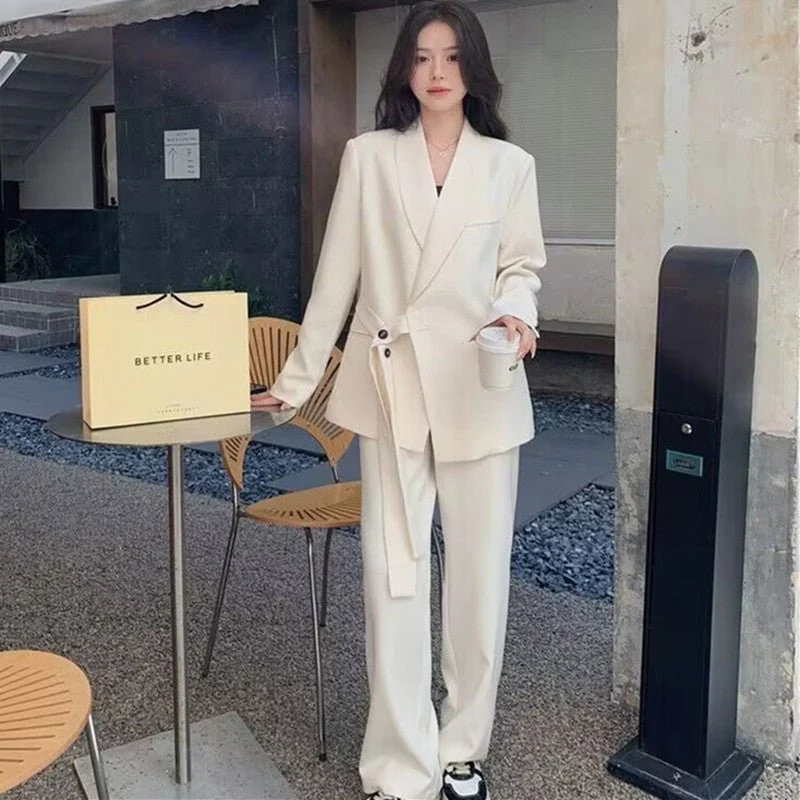 Side Tie Casual Suit Set with Wide Leg Pants For Women - Image 8
