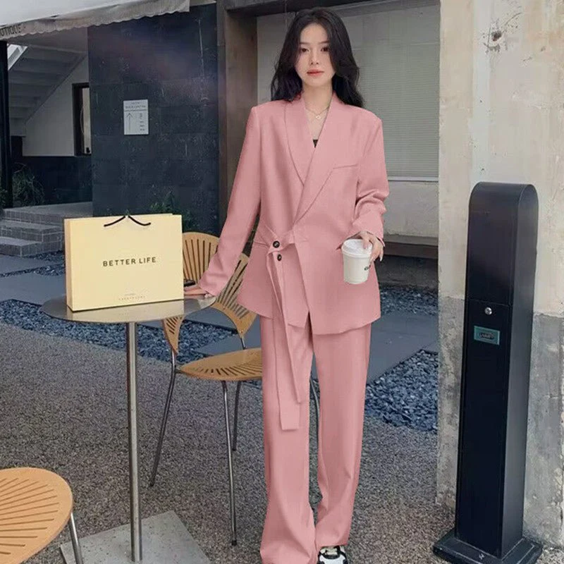 Side Tie Casual Suit Set with Wide Leg Pants For Women - Image 9