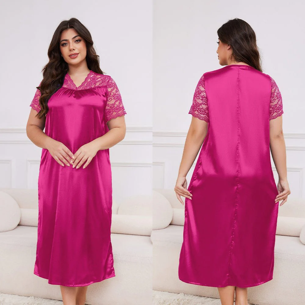 Silk Lounge | Plus Size Ice Silk Short-Sleeve Pajama Dress - Image 10