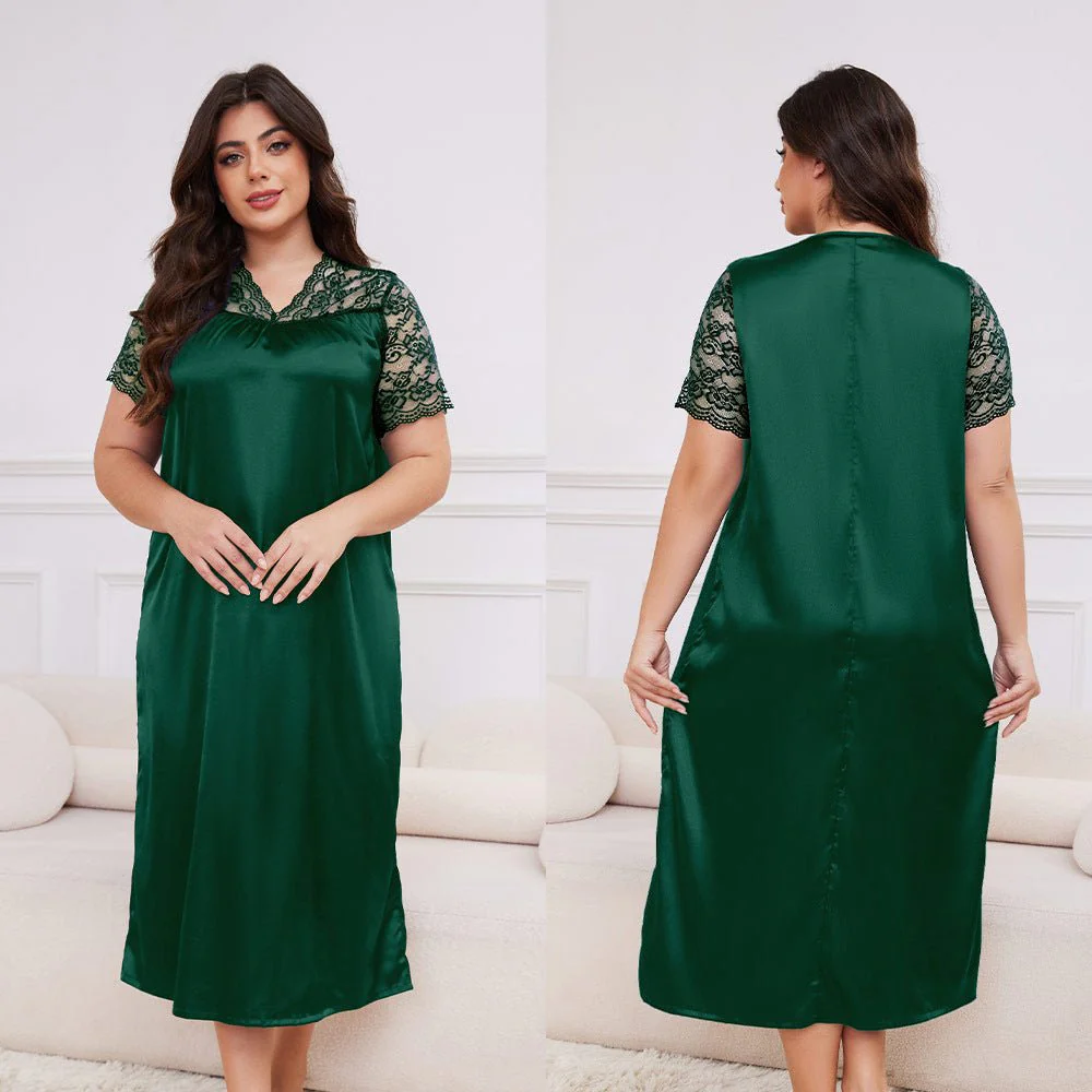 Silk Lounge | Plus Size Ice Silk Short-Sleeve Pajama Dress - Image 11
