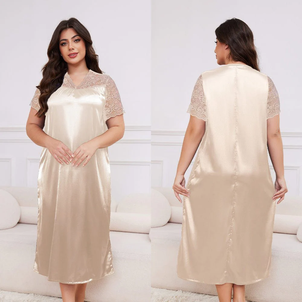 Silk Lounge | Plus Size Ice Silk Short-Sleeve Pajama Dress - Image 12