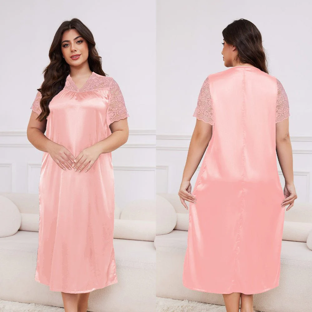 Silk Lounge | Plus Size Ice Silk Short-Sleeve Pajama Dress - Image 14