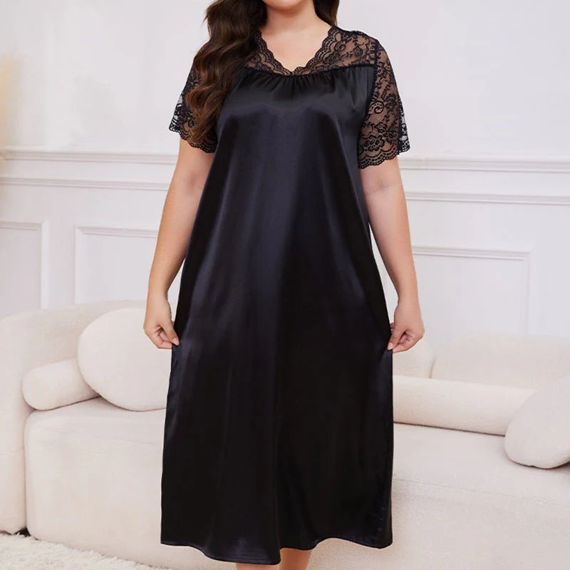Silk Lounge | Plus Size Ice Silk Short-Sleeve Pajama Dress - Image 2