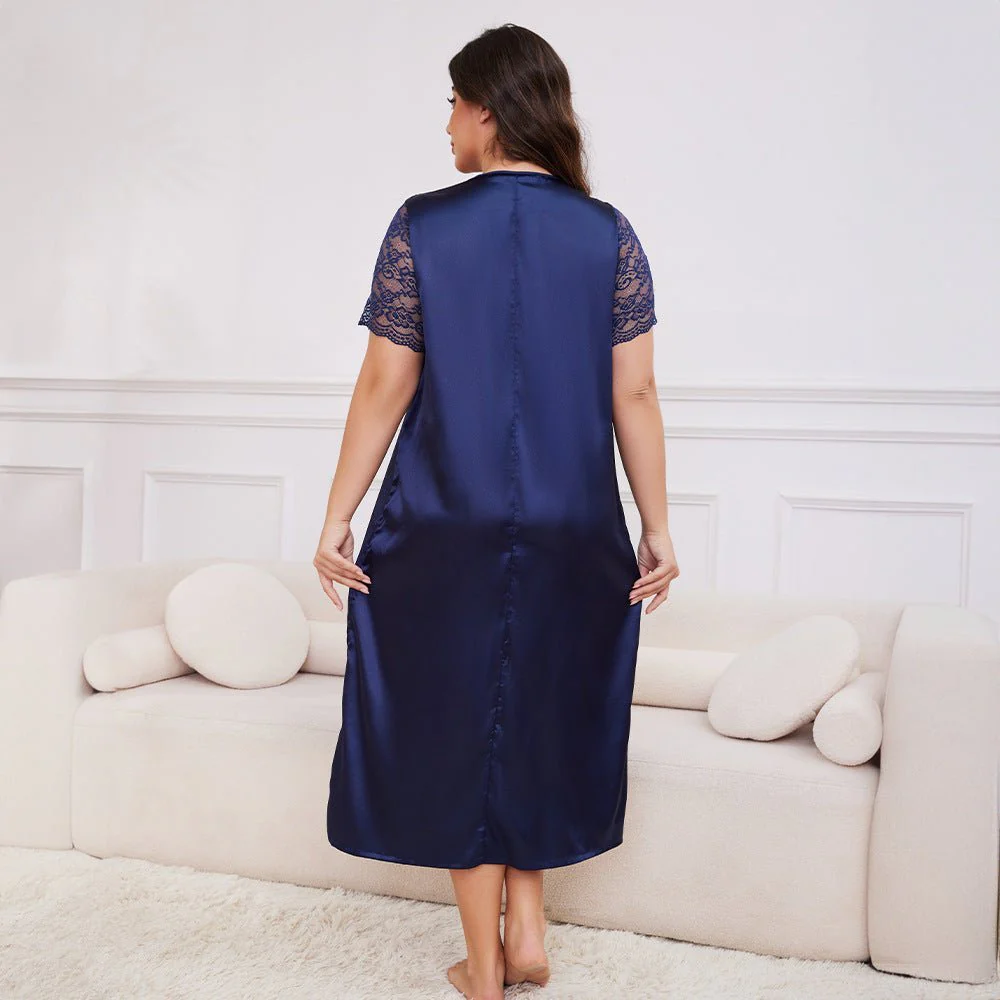 Silk Lounge | Plus Size Ice Silk Short-Sleeve Pajama Dress - Image 3
