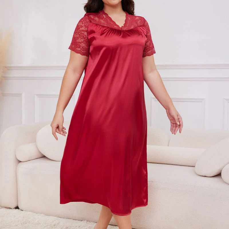 Silk Lounge | Plus Size Ice Silk Short-Sleeve Pajama Dress - Image 4