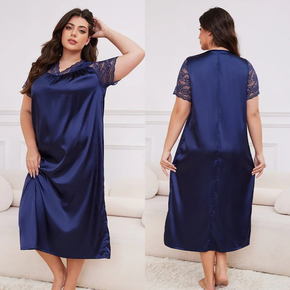 Silk Lounge | Plus Size Ice Silk Short-Sleeve Pajama Dress - Image 6