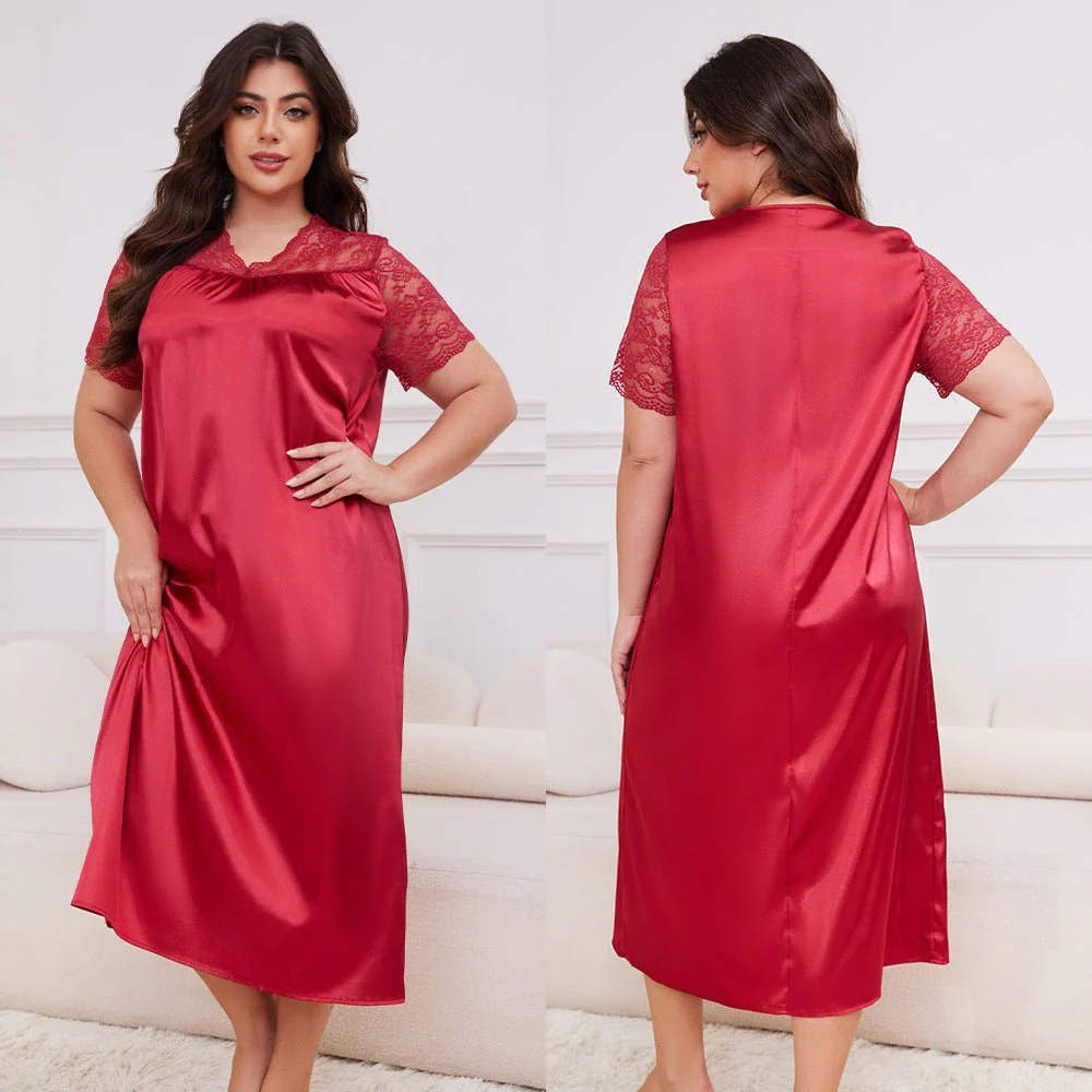 Silk Lounge | Plus Size Ice Silk Short-Sleeve Pajama Dress - Image 7