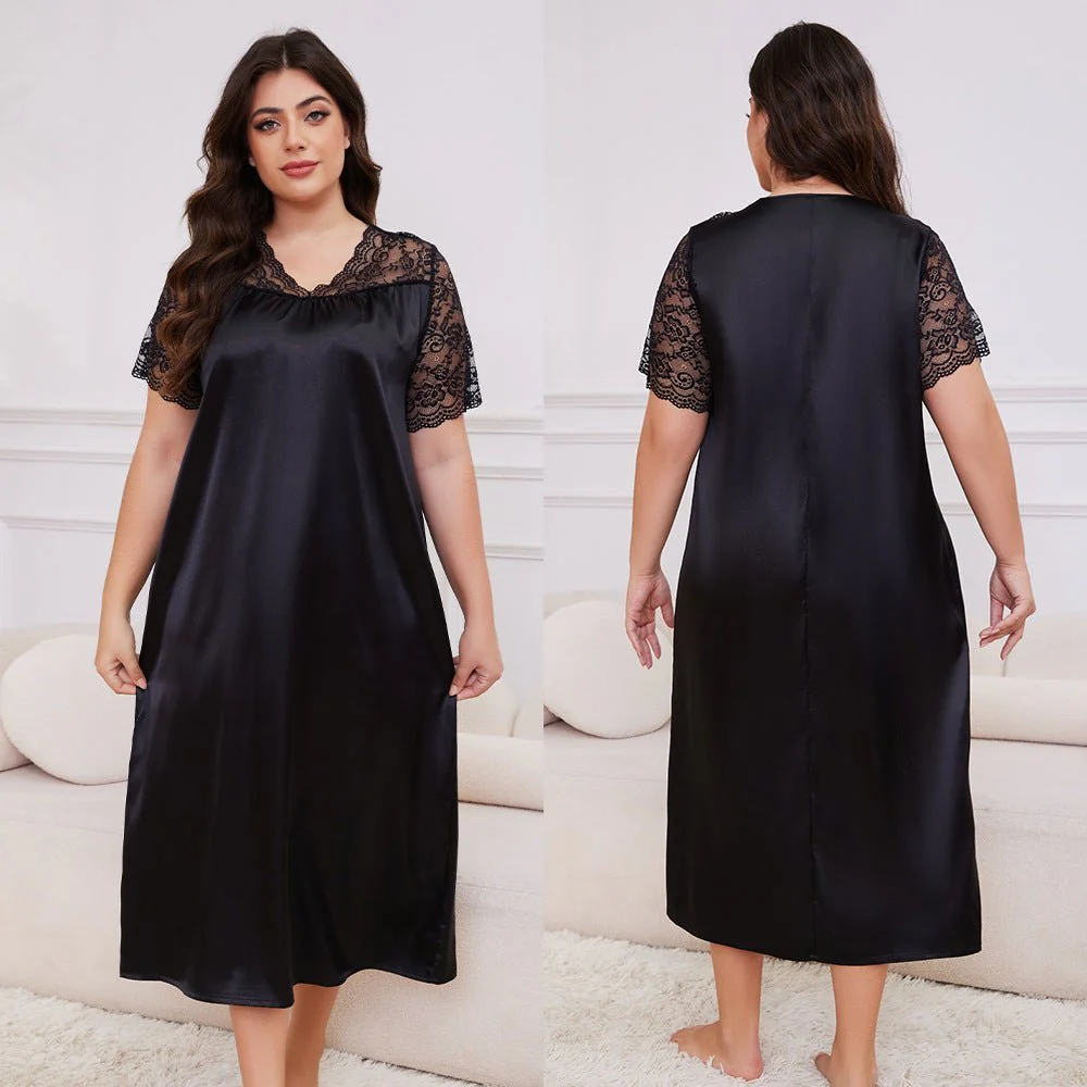 Silk Lounge | Plus Size Ice Silk Short-Sleeve Pajama Dress - Image 8
