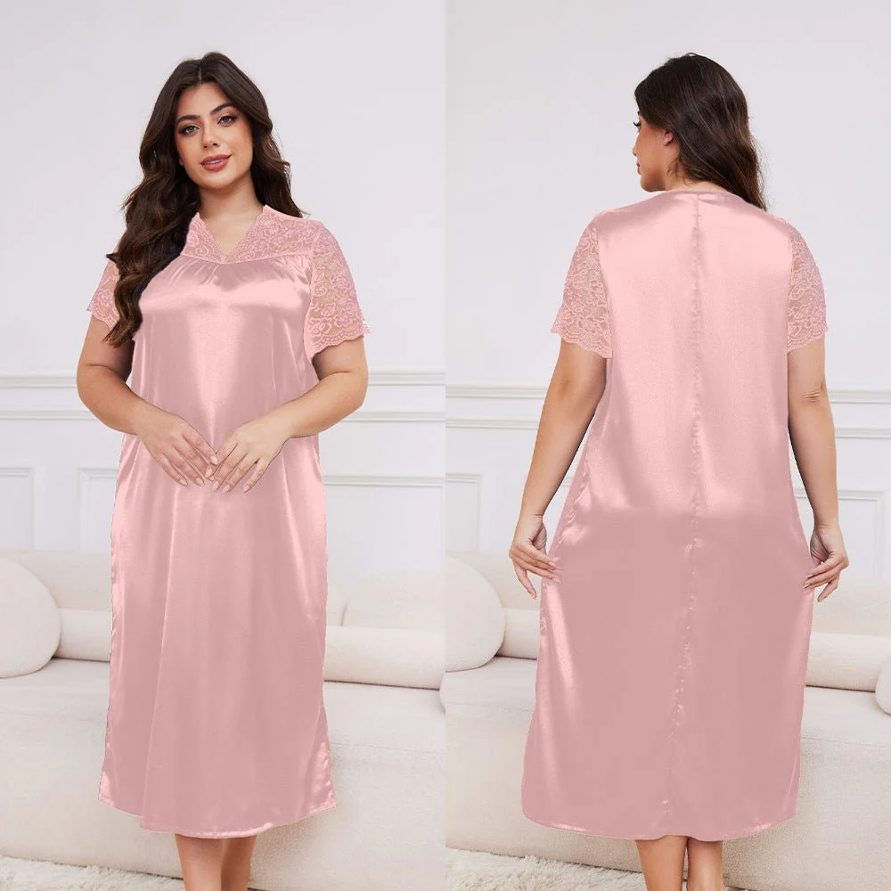 Silk Lounge | Plus Size Ice Silk Short-Sleeve Pajama Dress - Image 9