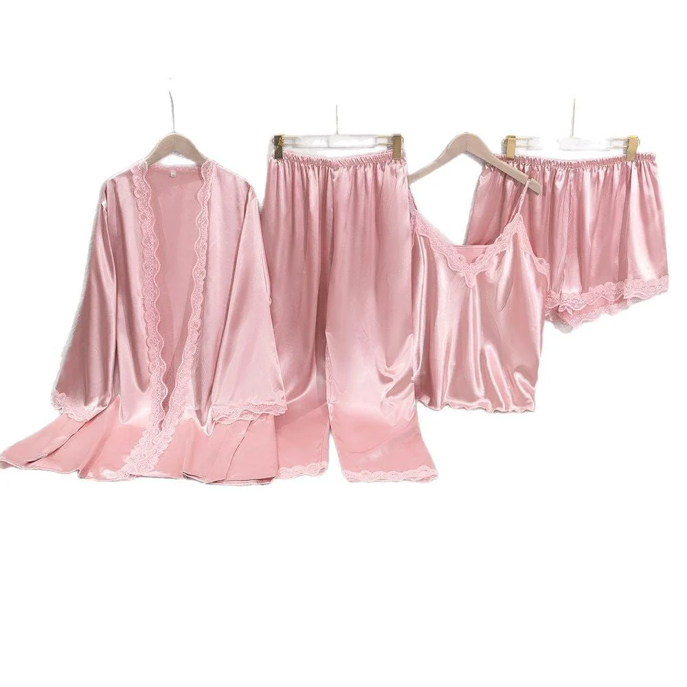 Silk Tempt | Lace Suspender Four-Piece Pajama Set Pink - Image 5
