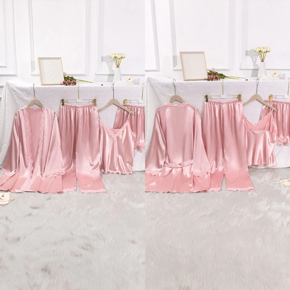 Silk Tempt | Lace Suspender Four-Piece Pajama Set Pink - Image 6