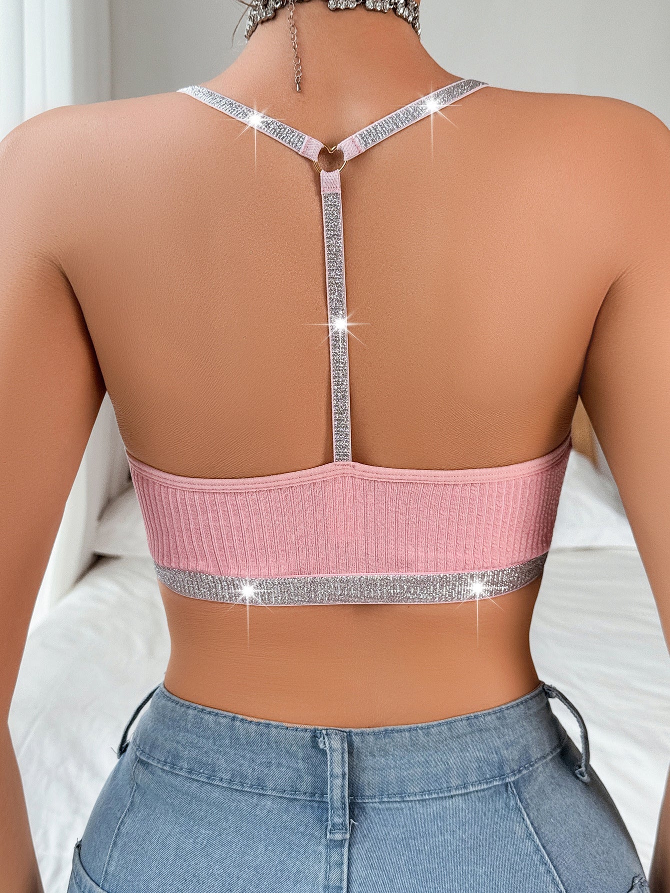 Silver Ribbon | Lace Splicing Halter Backless Cami Bra - Image 11