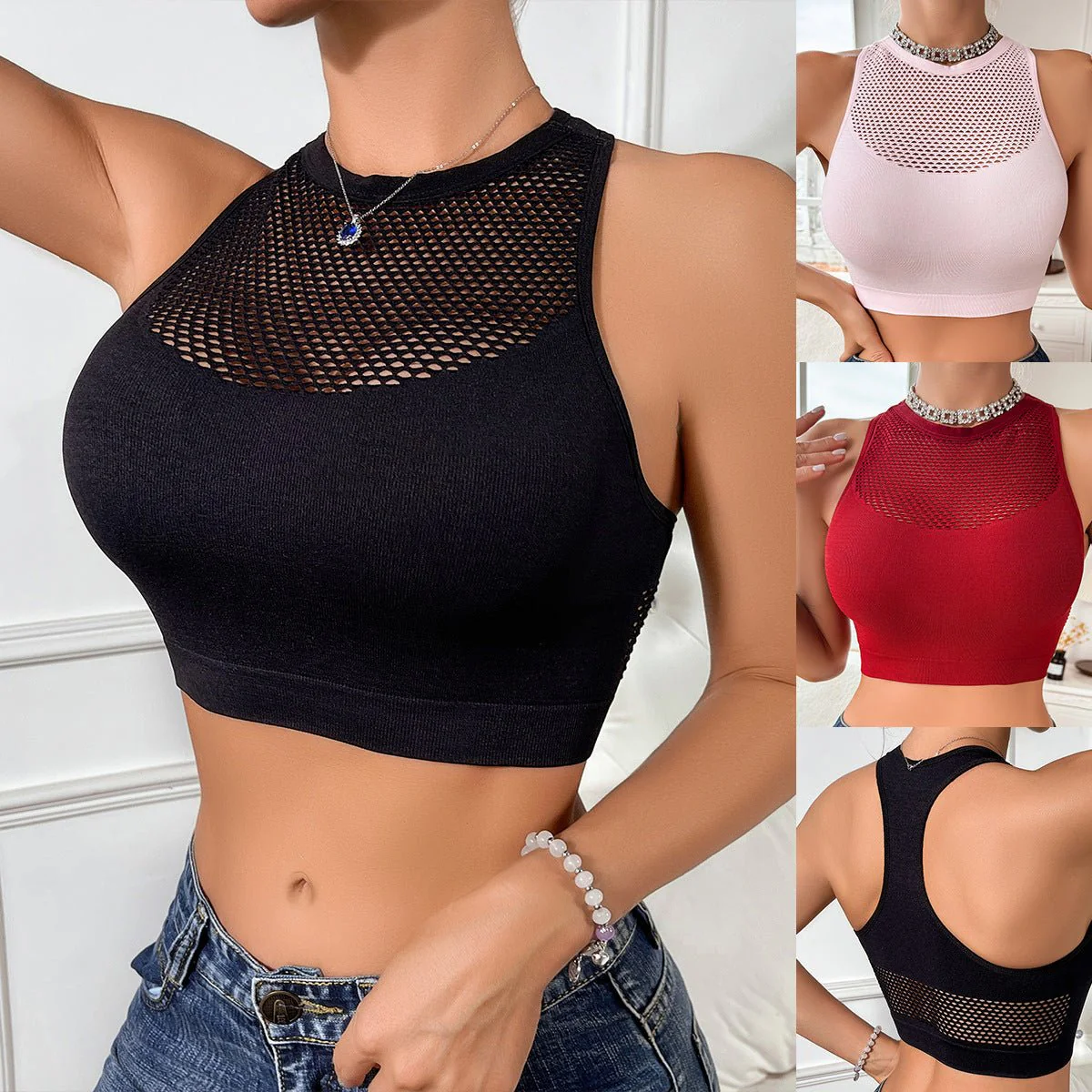 Silver Ribbon | Lace Splicing Halter Backless Cami Bra - Image 13