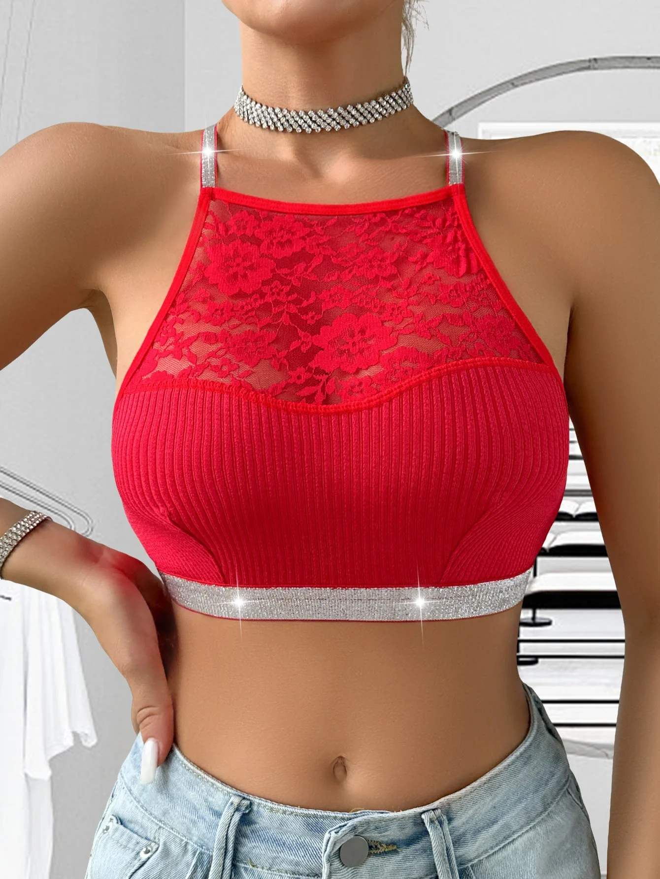 Silver Ribbon | Lace Splicing Halter Backless Cami Bra - Image 3